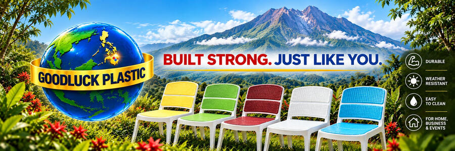 Goodluck Plastic banner: stackable Nordic chairs in five colours with the Goodluck globe logo over Davao City